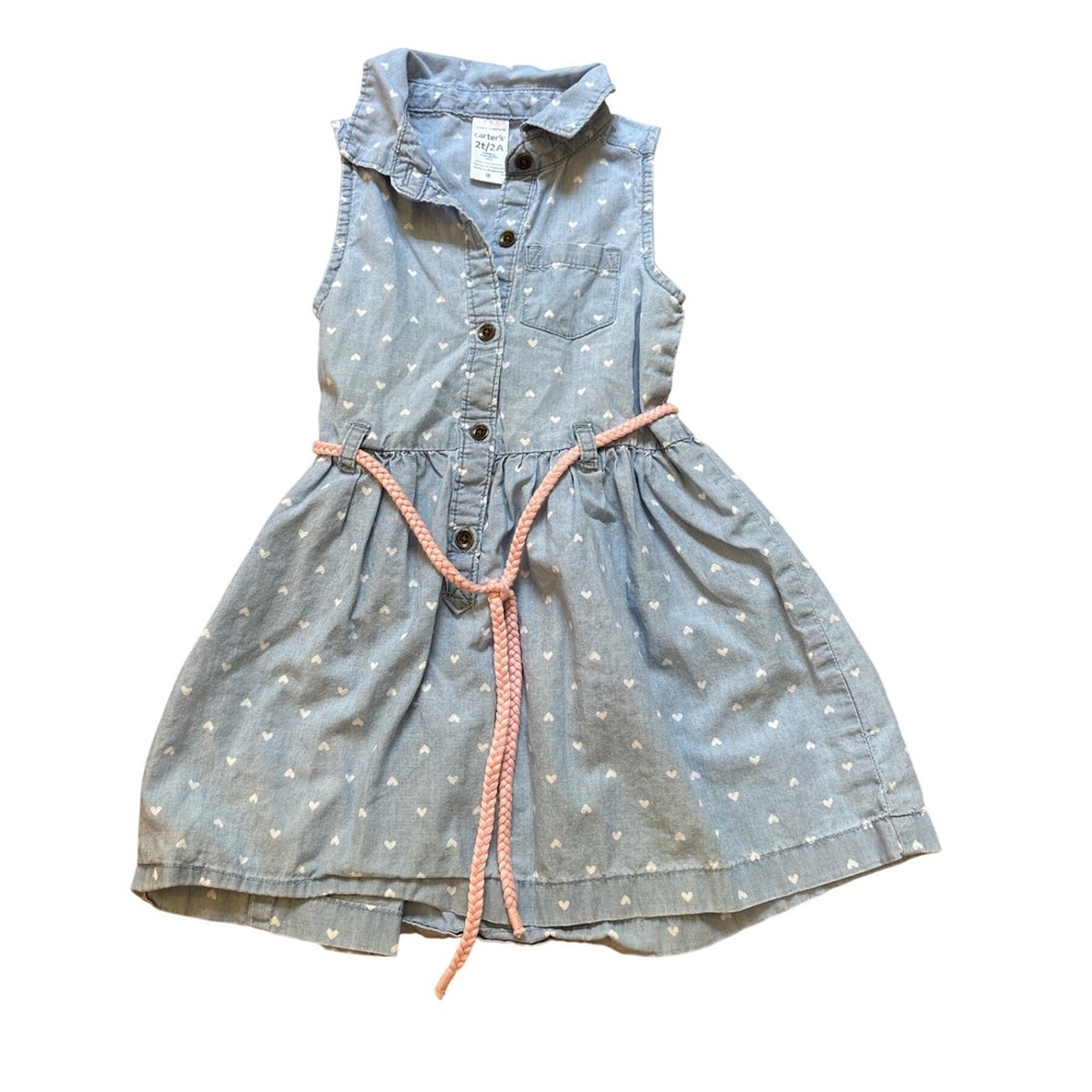 Carter's Shirt Dress Toddler Blue Heart Print Chambray Braided Belt SIZE 2T